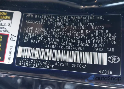 2012 Toyota Camry Xle из США, поврежденный, VIN 4T4BF1FK5CR246904